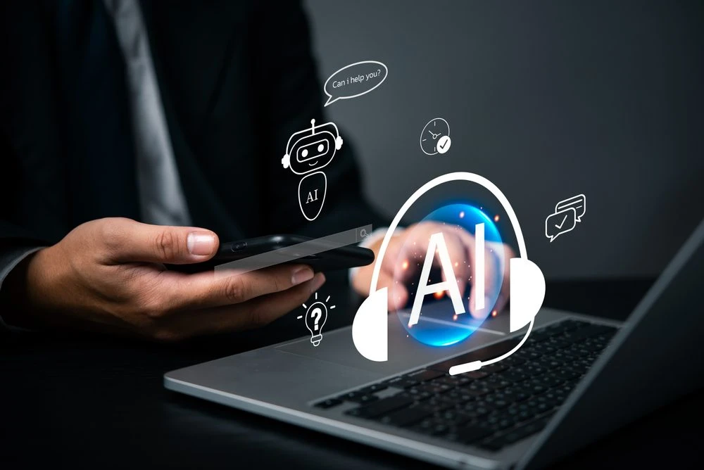 Professional using an AI-powered search assistant to find business information